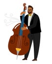 Jazz man contrabassist, vector cartoon character with instrument