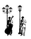 Saxophone and bass viol jazz man playing music standing by street light black and white vector outline set