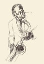 JAZZ Man Playing the Saxophone Hand Drawn, Sketch