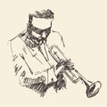 JAZZ Man Playing the Trumpet Hand Drawn, Sketch Royalty Free Stock Photo
