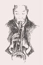 JAZZ Man Playing the Trumpet Hand Drawn, Sketch Royalty Free Stock Photo