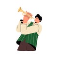 Jazz man standing on stage, blowing in horn. Professional musician performs on wind instrument. Orchestral performer