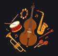 Jazz music band concept different instruments vector flat illustration on dark background, live sound festival or concert, Royalty Free Stock Photo