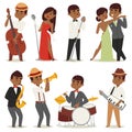 Jazz music band flat group cartoon musician people playing on instruments blues vector illustration. Royalty Free Stock Photo