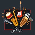 Jazz music band poster different instruments vector flat illustration on dark, live sound festival or concert advertising flyer or