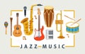 Jazz music band poster different instruments vector flat illustration, live sound festival or concert advertising flyer or banner