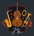 Jazz music band poster different instruments vector flat illustration on white, live sound festival or concert advertising flyer