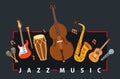 Jazz music band poster different instruments vector flat illustration on white, live sound festival or concert advertising flyer