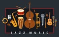 Jazz music band poster different instruments vector flat illustration on white, live sound festival or concert advertising flyer