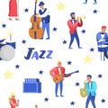 Jazz Music Characters Seamless Pattern. Musical Instruments, Musicians and Singer Artists. Contrabassist, drummer