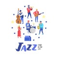 Jazz Music Characters Set. Musical Instruments, Musicians and Singer Artists. Contrabassist, drummer, guitarist