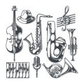 Jazz music club party icons sketch set with saxophone trumpet singer and double bass isolated vector Royalty Free Stock Photo