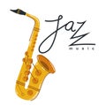 Jazz music emblem or logo vector flat style illustration isolated, saxophone logotype for recording label or studio or musical