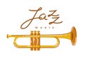 Jazz music emblem or logo vector flat style illustration isolated, trumpet logotype for recording label Royalty Free Stock Photo
