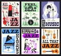 Jazz music festival cards. Funny artists with different instruments, invitational concert posters, live music party time