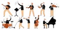 Jazz music festival cartoon character vector illustration. Musicians play instruments: piano, drums, guitar, double bass, trumpet Royalty Free Stock Photo