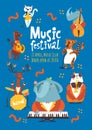 Jazz music festival poster design with cartoon animals playing music instruments Royalty Free Stock Photo