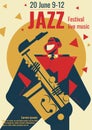 Jazz music festival poster illustration or jazzman playing saxophone for jazz club concert placard Royalty Free Stock Photo