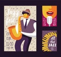 Jazz Music Festival Poster Template, Flyer, Placard. Musical Concert Event Banner with Musician and Singer Royalty Free Stock Photo