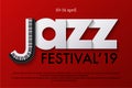 Jazz music festival poster template. Keyboard and paper letters on red background. Vector flyer or banner design.