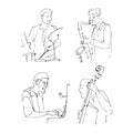 Jazz Music hand drawn moment. Saxophone, drums, contrabass, piano musicians. Trendy black and white doodle drawing Royalty Free Stock Photo