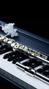 Jazz music instrument flute and piano keyboard close up with flower Royalty Free Stock Photo