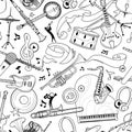 Jazz music instruments hand drawn outline seamless pattern Royalty Free Stock Photo