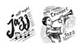Jazz music. Man plays a musical instrument. Trumpeter man with instrument. Hand drawn logo or badge. Sketch. Doodle Royalty Free Stock Photo