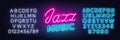Jazz Music neon sign on brick wall background. Royalty Free Stock Photo