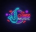 Jazz music is a neon sign. Symbol, neon-style logo, bright night banner, luminous advertising on Jazz music for Jazz Royalty Free Stock Photo