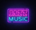 Jazz Music neon sign vector. Jazz Music design template neon sign, light banner, neon signboard, nightly bright Royalty Free Stock Photo