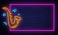 Jazz Music Neon Signboard in Frame Vector. Live music neon sign, design template, modern trend design, night neon