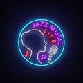 Jazz music is a neon style logo. Neon sign symbol, emblem, light banner, luminous sign. Bright Neon Night Advertising Royalty Free Stock Photo