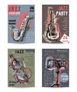 Jazz music party with musical instruments. Saxophone, guitar, cello, drum kit with grunge watercolor splashes.