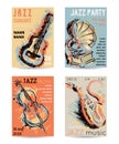 Jazz music party with musical instruments. Saxophone, guitar, cello, gramophone with grunge watercolor splashes. Royalty Free Stock Photo