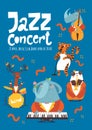 Jazz music poster design with cartoon animals playing music instruments and singing Royalty Free Stock Photo