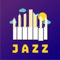 Jazz music poster with piano keys and city buildings. Vector illustration. Royalty Free Stock Photo