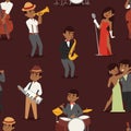 Jazz music seamless pattern group of creative young people playing on instruments vector illustration