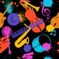 Jazz music seamless pattern with musical instruments