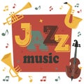 Jazz musical instruments tools background jazzband piano saxophone music sound illustration rock concert note.