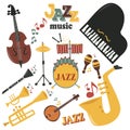 Jazz musical instruments tools icons jazzband piano saxophone music sound illustration rock concert note.