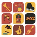 Jazz musical instruments tools icons jazzband piano saxophone music sound illustration rock concert note.