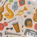 Jazz musical instruments tools jazzband music seamless pattern background vector illustration Royalty Free Stock Photo