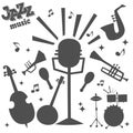 Jazz musical instruments tools silhouette icons jazzband piano saxophone music sound vector illustration rock concert
