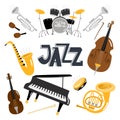 Jazz musical instruments. Vector music instrument objects collection isolated, drums and tuba, vintage brass, acoustic Royalty Free Stock Photo