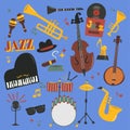 Jazz musical vector instruments tools piano and saxophone music sound illustration of jazzband rock concert note jazz