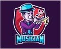 Jazz Musician Playing Trumpet Cartoon Mascot Logo Badge Royalty Free Stock Photo