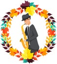 Jazz musician saxophone player with sax in costume. Vector man in suit playing musical instrument
