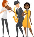Jazz musician saxophone player with sax in costume. Vector man in suit playing musical instrument