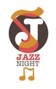 Jazz night musical poster or icon vector template of J letter and musicl note Royalty Free Stock Photo